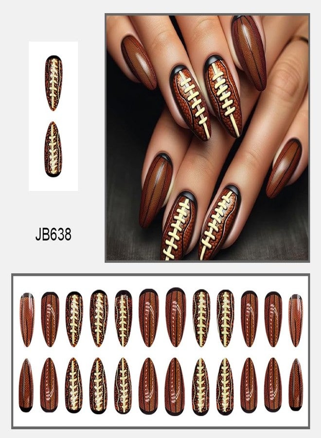 Sevgob Baseball Press on Nails Medium Almond Fake Nails Brown False Nails with Rugby Design Glossy Fall Nails Coffee Summer Nails Reusable Acrylic Nails Press on for Women Girls Manicure 24pcs - Image 2